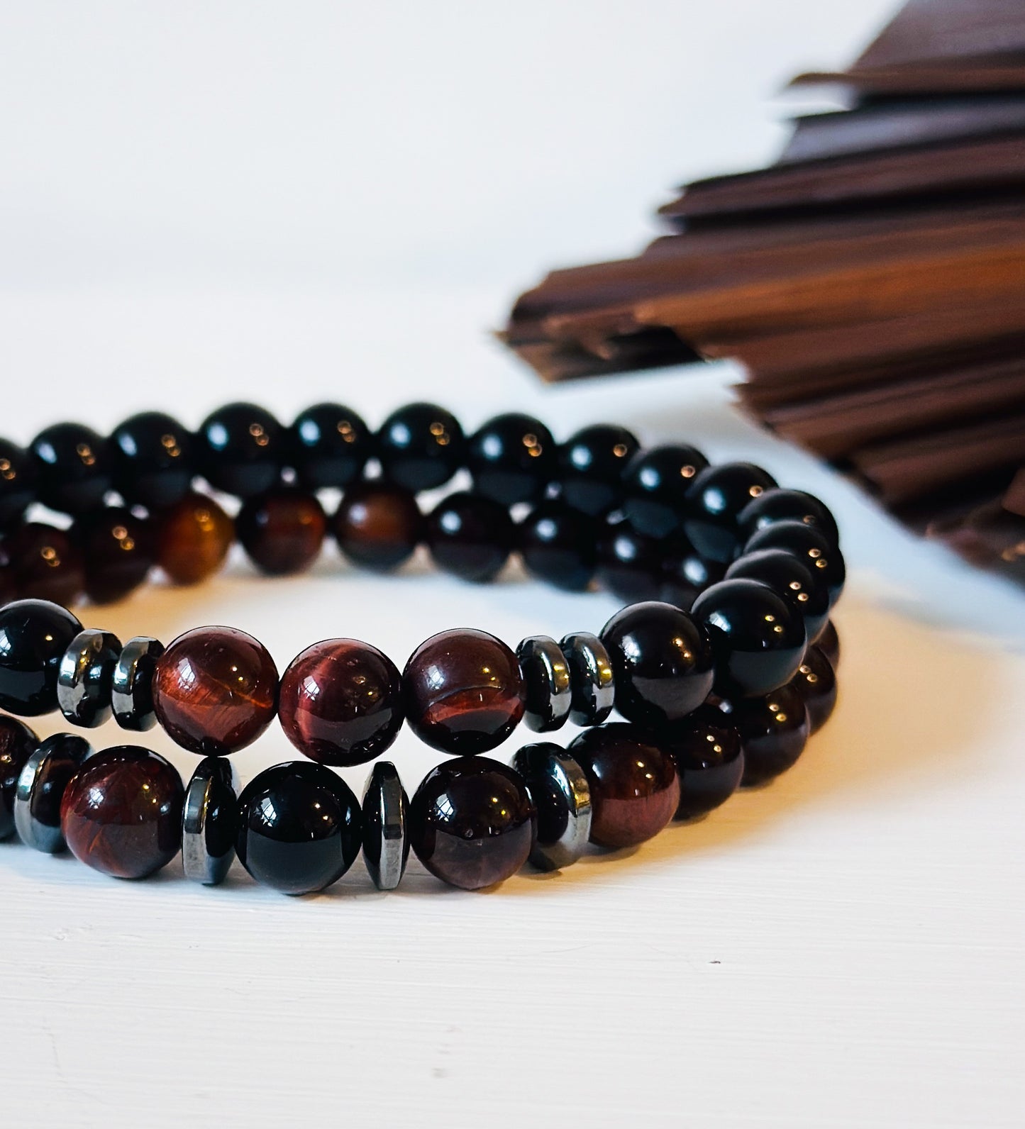 mens gemstone bracelet stack with Onyx and Red Tigers Eye