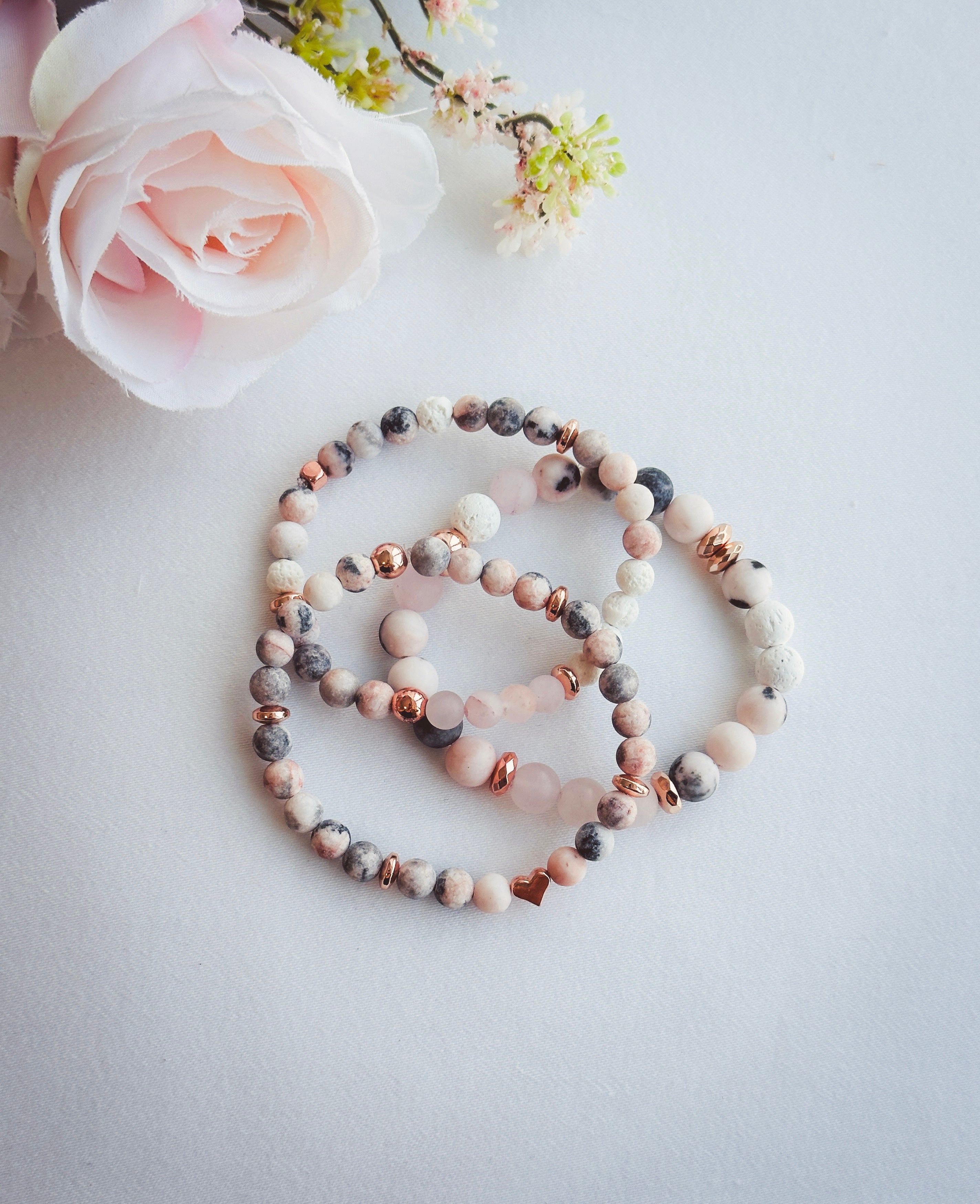 Zara Rose Bracelet set created with Pink Zebra Jasper, Frosted rose quartz and a heart bead