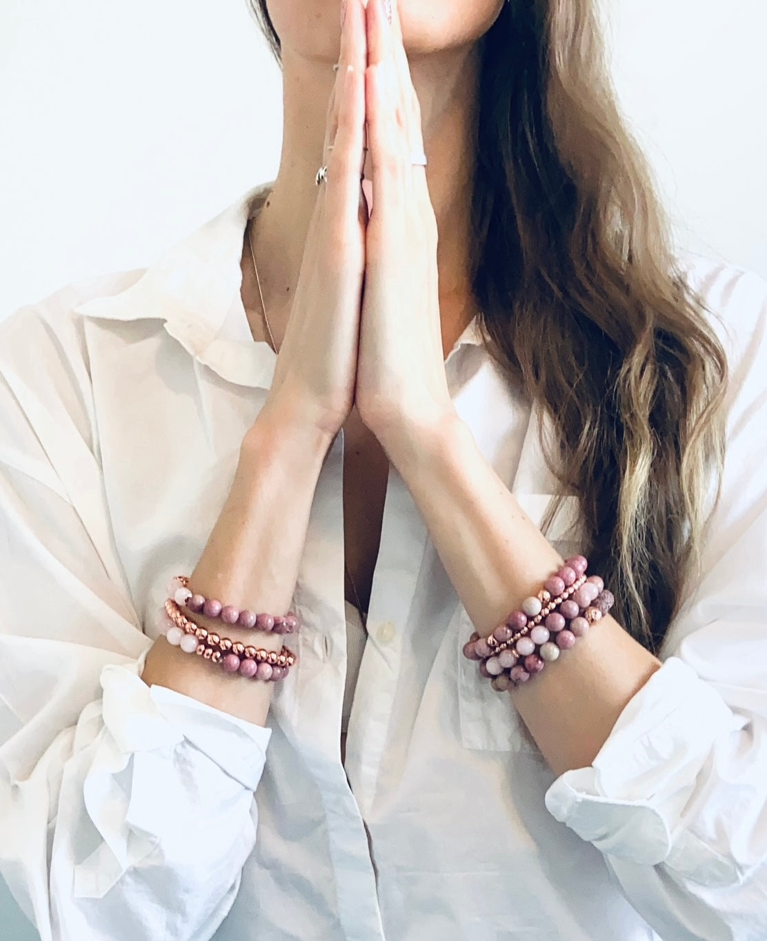 Model mediating wearing handcrafted Gemstone Bracelets Canada