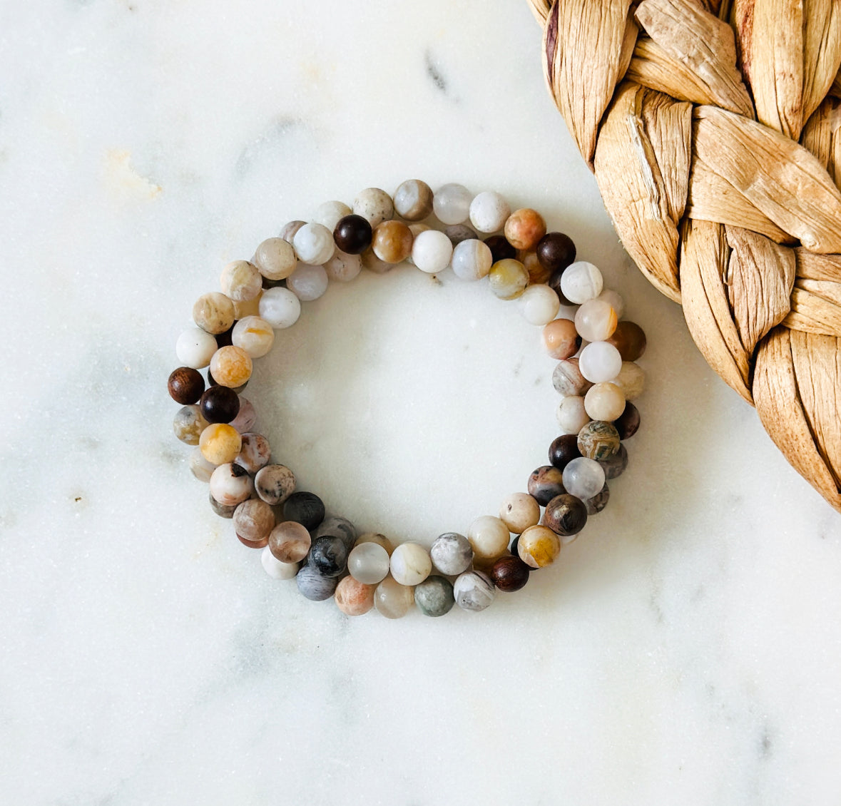 Gemstone wrap bracelet created with Bamboo Leaf Agate and Sandalwood