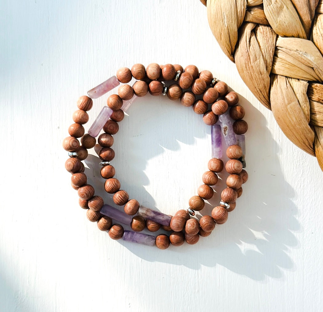 Rosewood wrap bracelet with Amethyst tube beads