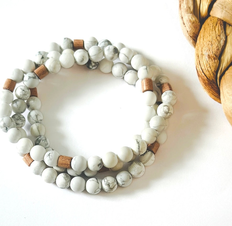 Matte Howlite gemstone wrap bracelet paired with Rosewood Rondelle beads for calming stress