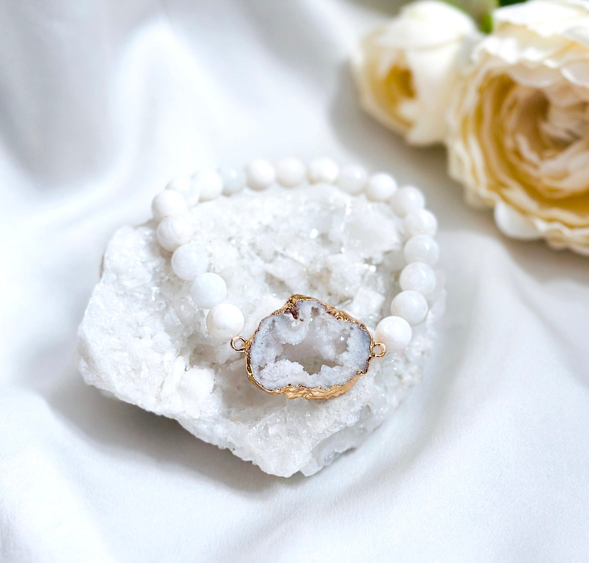 White Agate geode bracelet with Moonstone gemstones