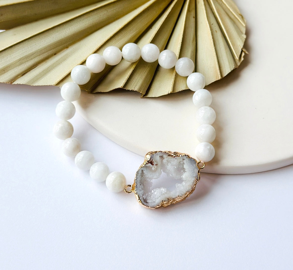 White Agate geode bracelet with Moonstone gemstones Canada