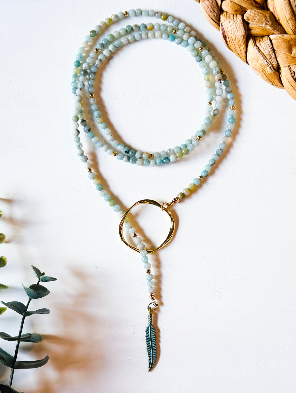 Amazonite gemstone wrap necklace with feather and gold circle endings