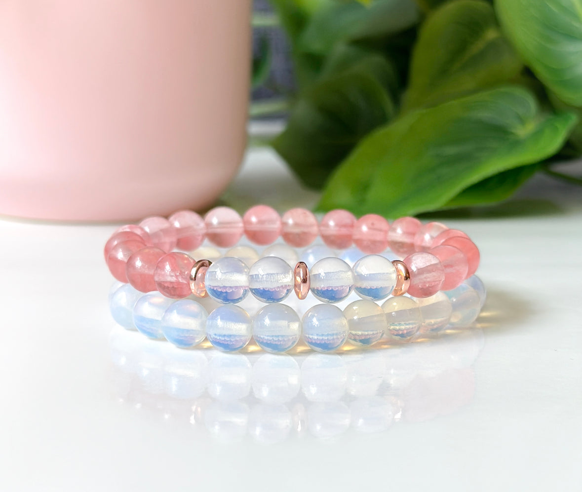 Strawberry Quartz and Opalite Gemstone Healing Bracelets