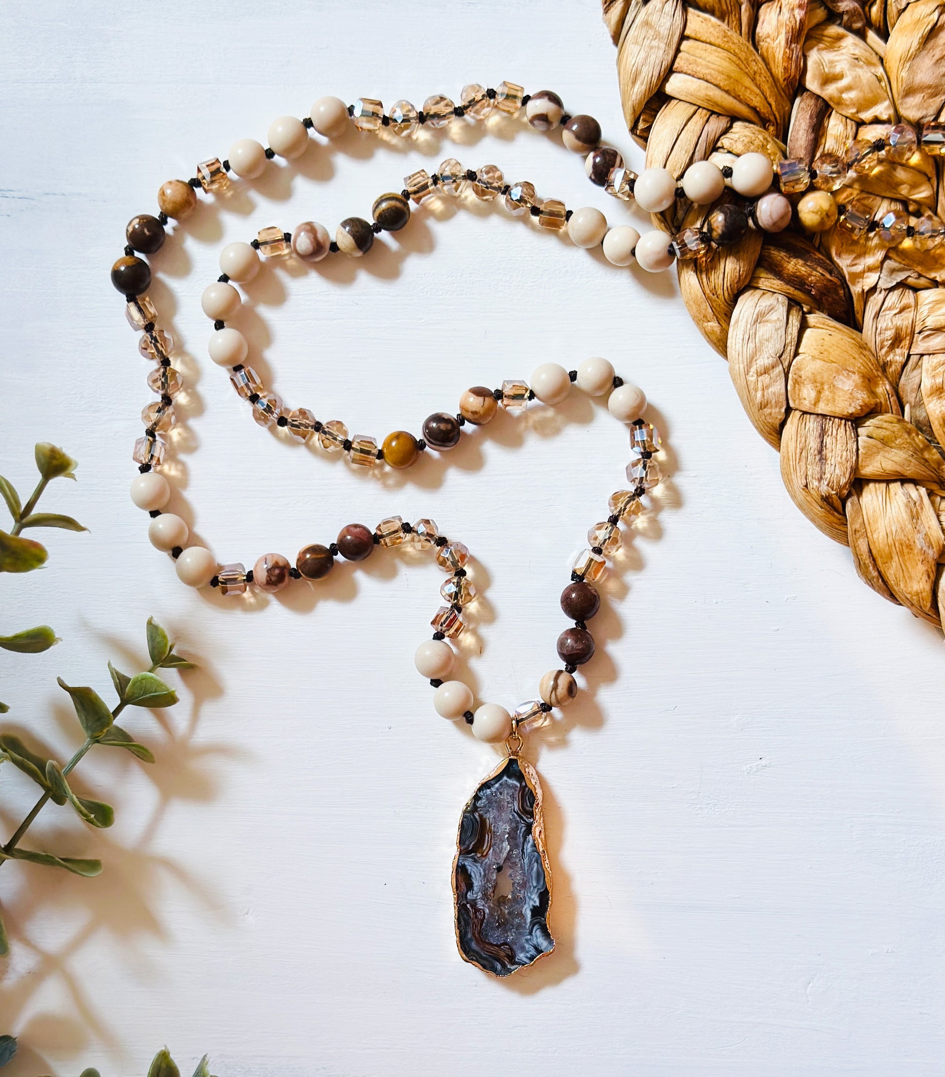 gemstone mala necklace with druzy agate geode pendant