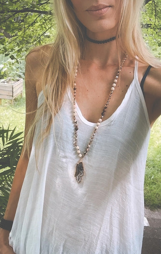 gemstone necklace with druzy agate geode pendant