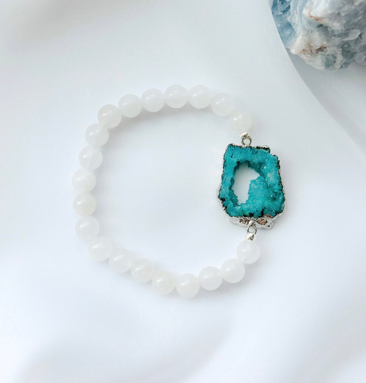 Blue Druzy Agate Gemstone connector bracelet with white jade