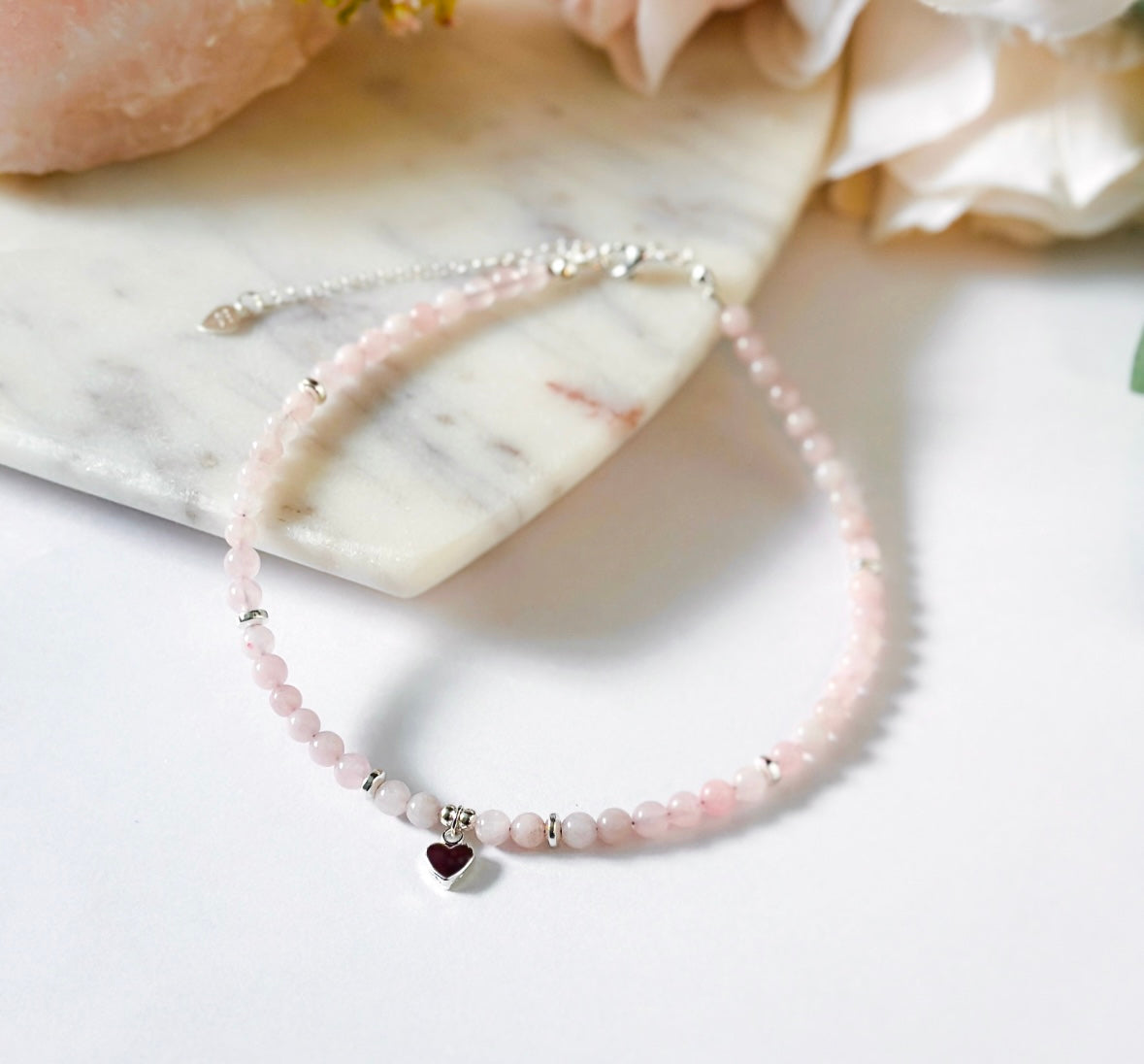 Rose Quartz Anklet with silver heart charm and sterling silver adjustable clasp canada