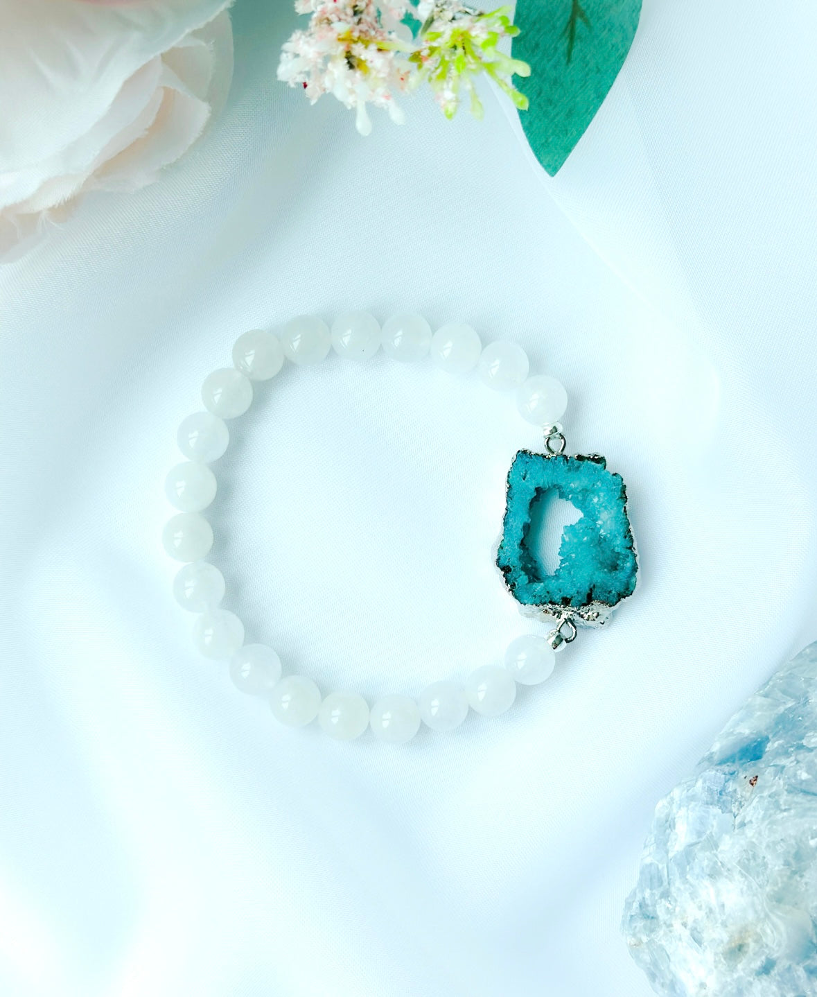 Blue Druzy Agate Gemstone connector bracelet with white jade