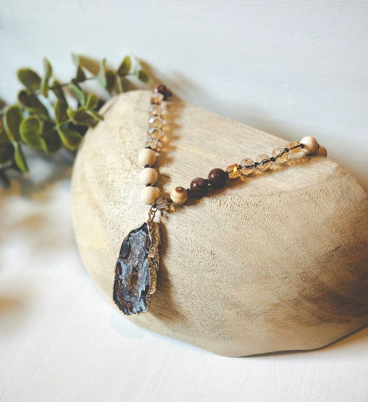 gemstone mala necklace with druzy agate geode pendant