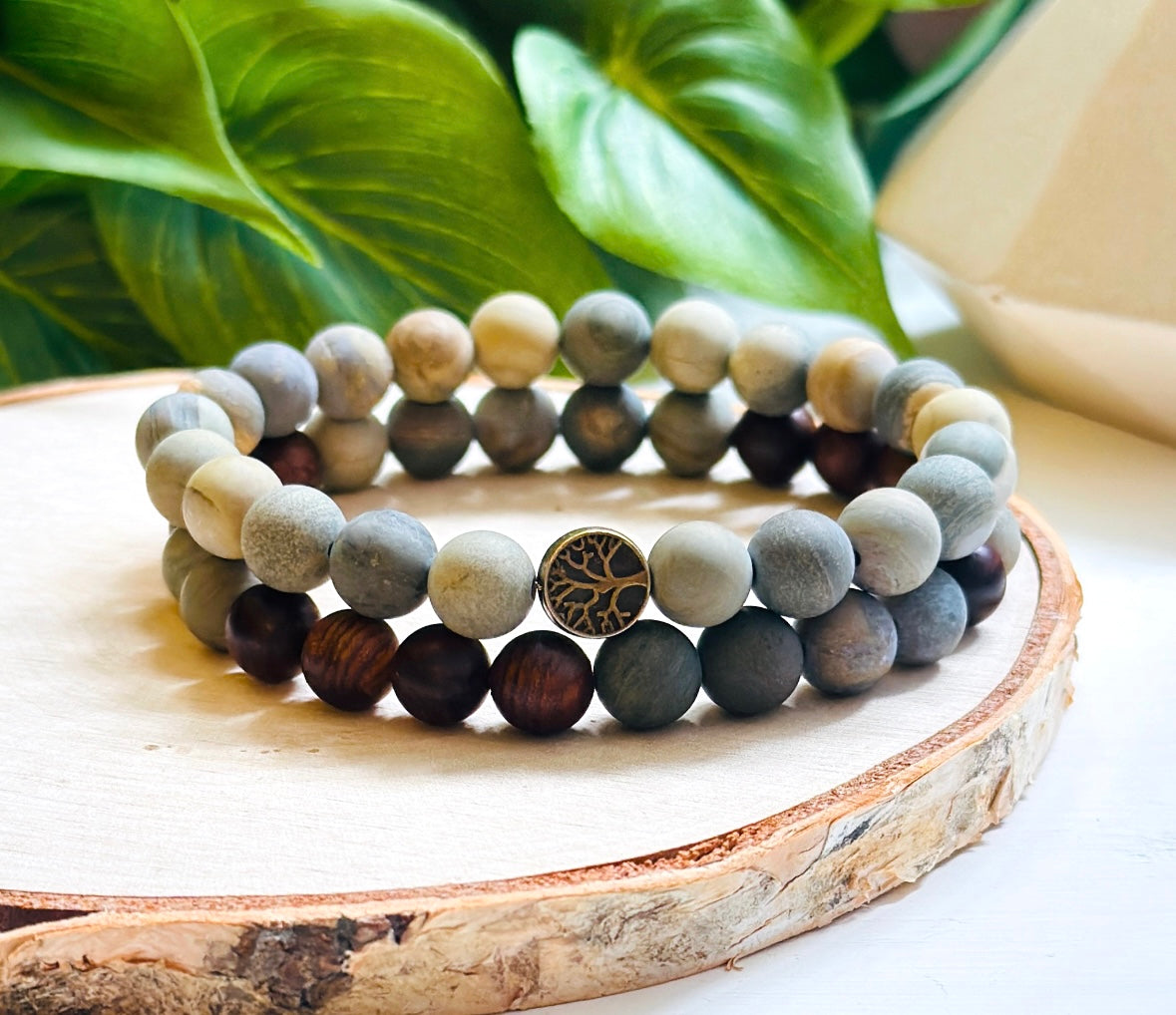 Mens gemstone bracelet stacking set created with Silver Leaf Jasper, Sandalwood and a bronze tree of life bead