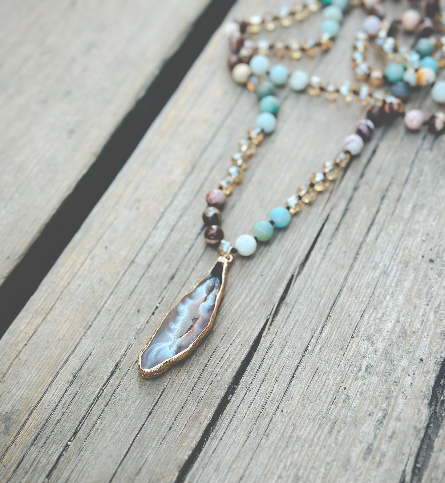 Gemstone Geode Necklace Amazonite Glass Beads