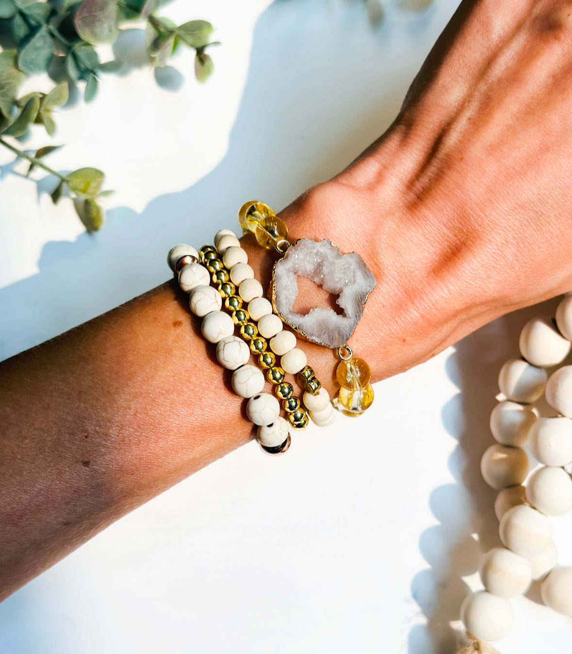 Gemstone Bracelet Citrine gemstone stacking bracelet set with White Druzy agate connector