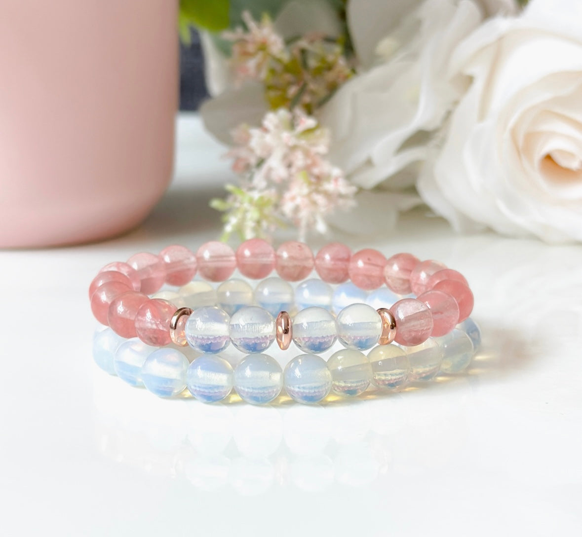 Strawberry Quartz and Opalite Gemstone Healing Bracelets
