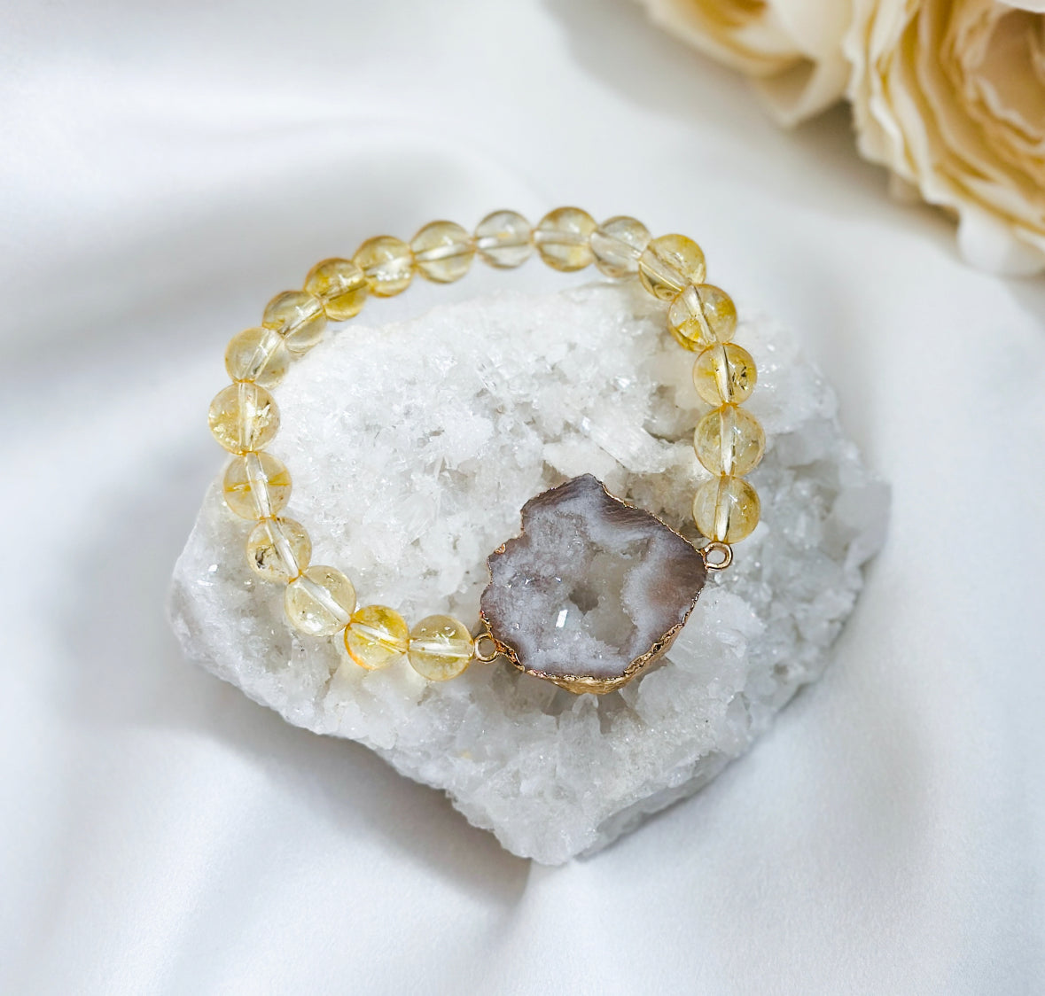 Gemstone Bracelet Citrine gemstone with White Druzy agate connector
