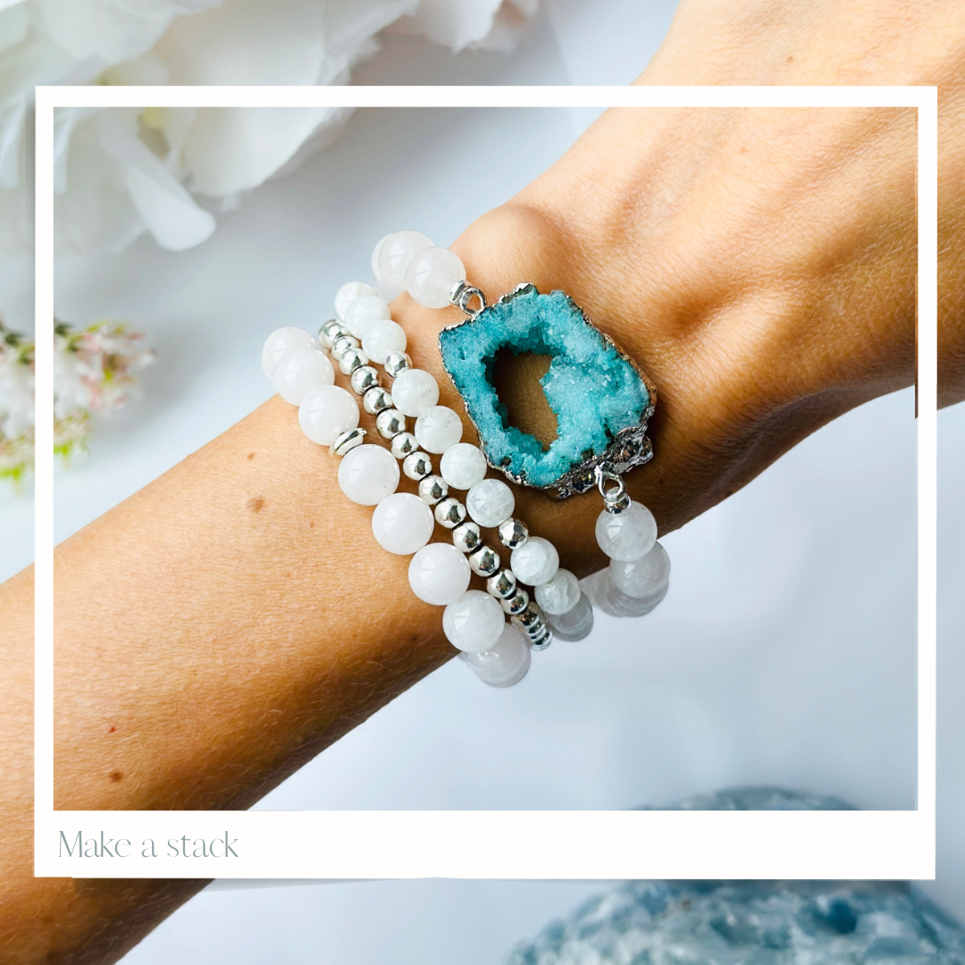 Blue Druzy Agate Gemstone connector bracelet with white jade stacking set of bracelet Canada