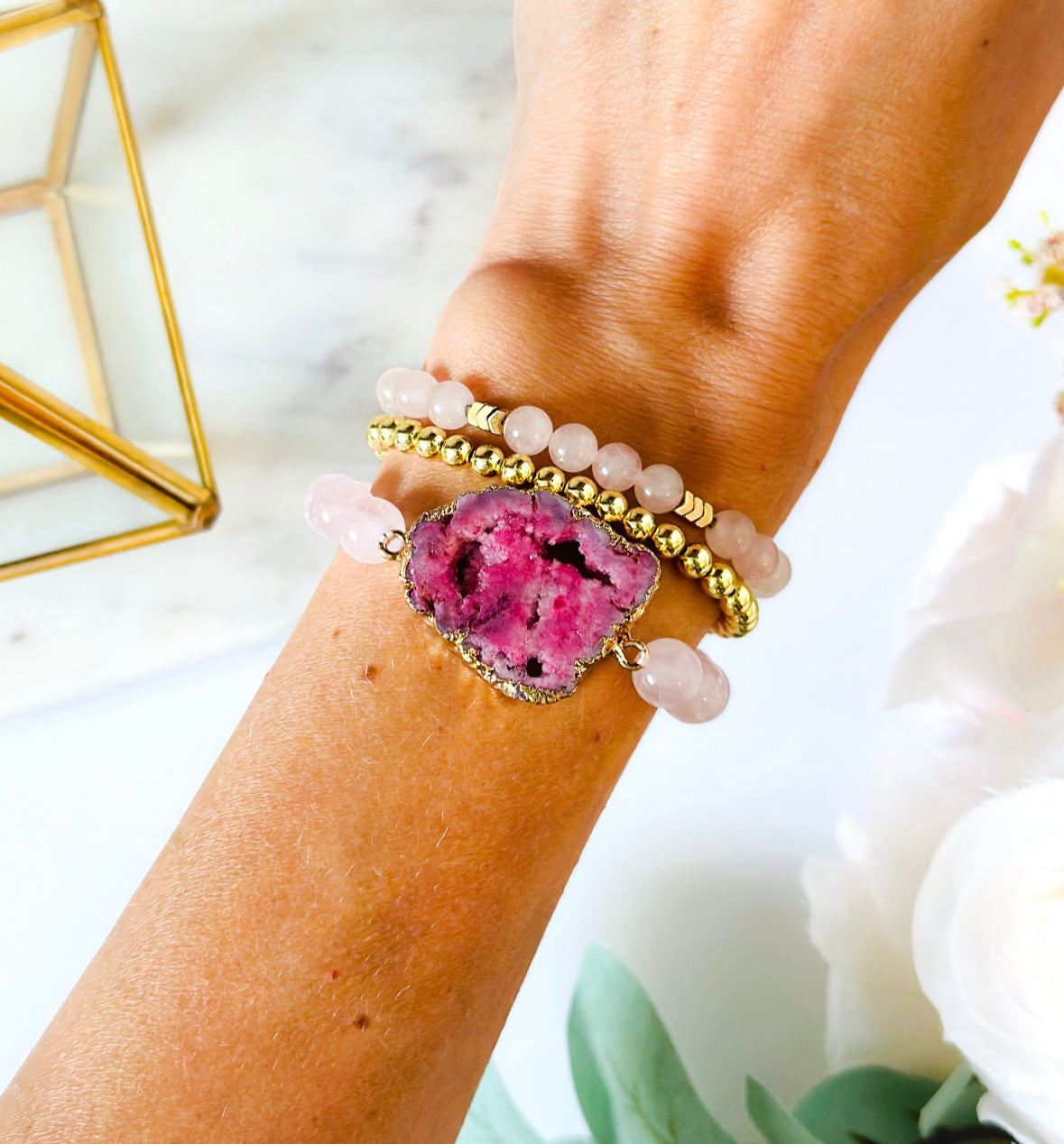 pink Druzy Agate gemstone connector bracelet with Rose Quartz gemstones