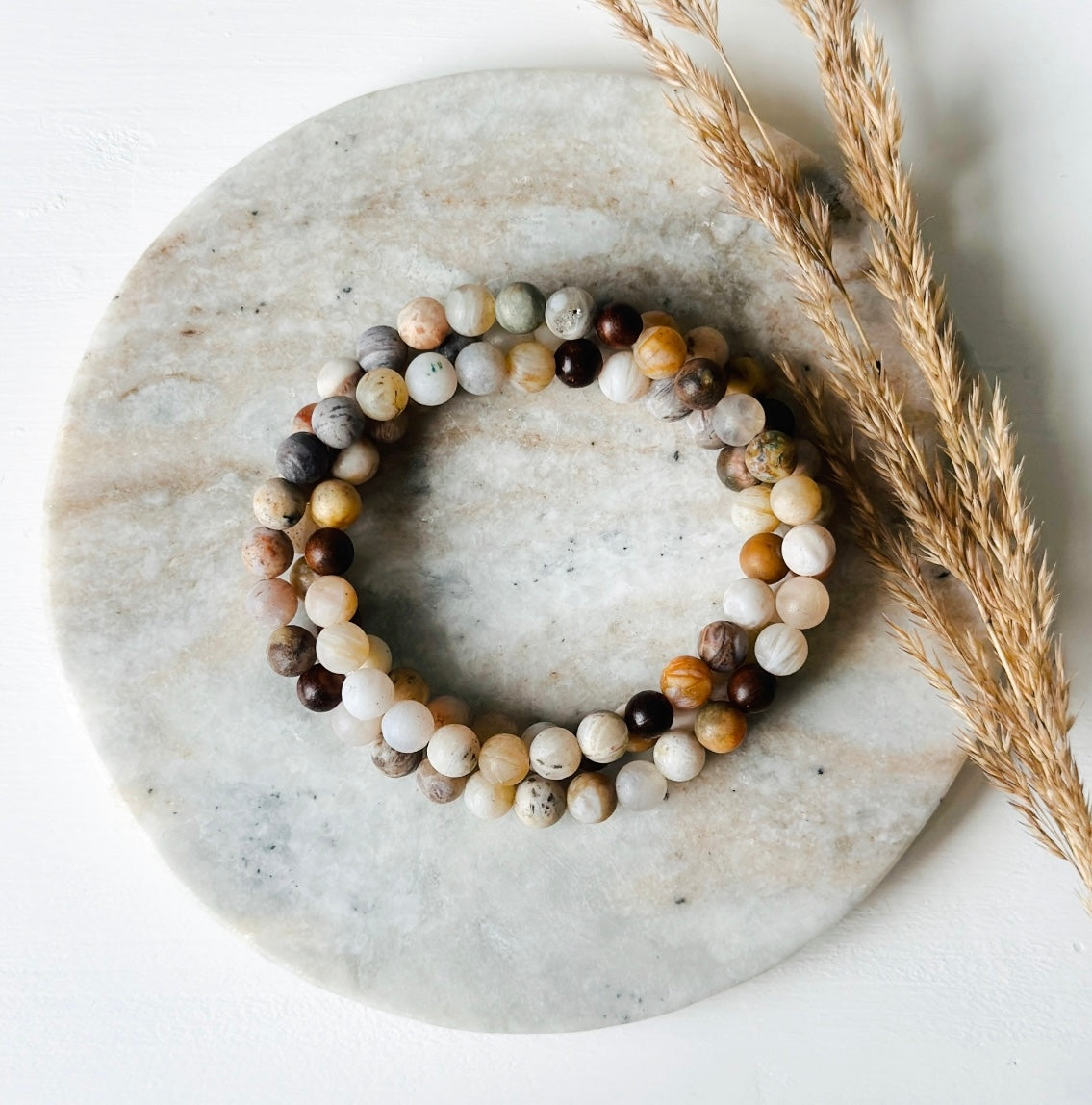 Gemstone wrap bracelet created with Bamboo Leaf Agate and Sandalwood