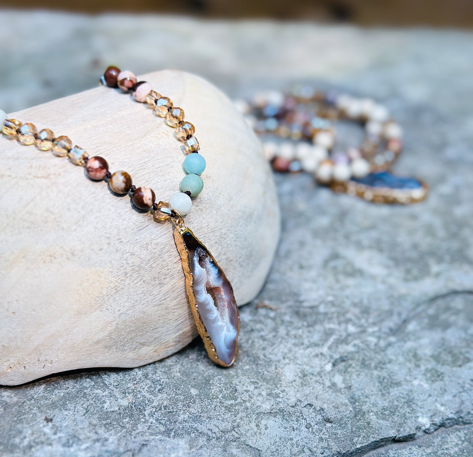 Gemstone Geode Necklace Amazonite Glass Beads
