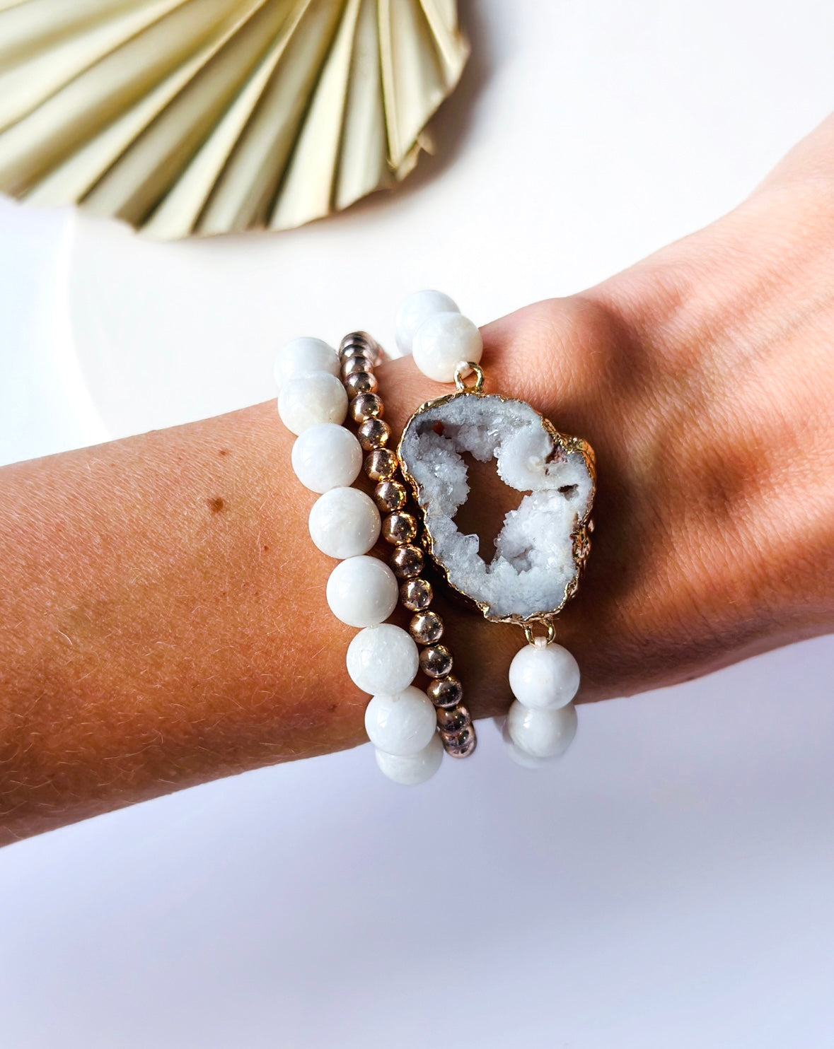 White Agate geode bracelet stacking set with Moonstone gemstones