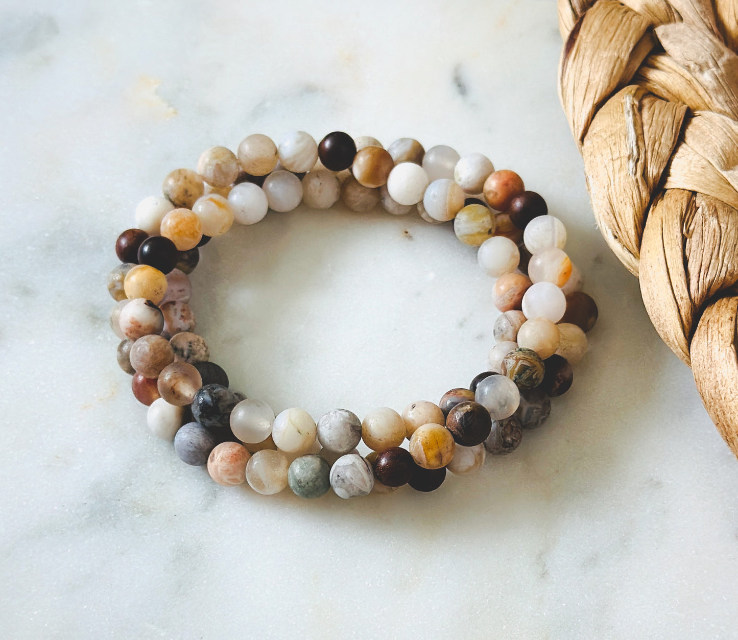 Gemstone wrap bracelet created with Bamboo Leaf Agate and Sandalwood