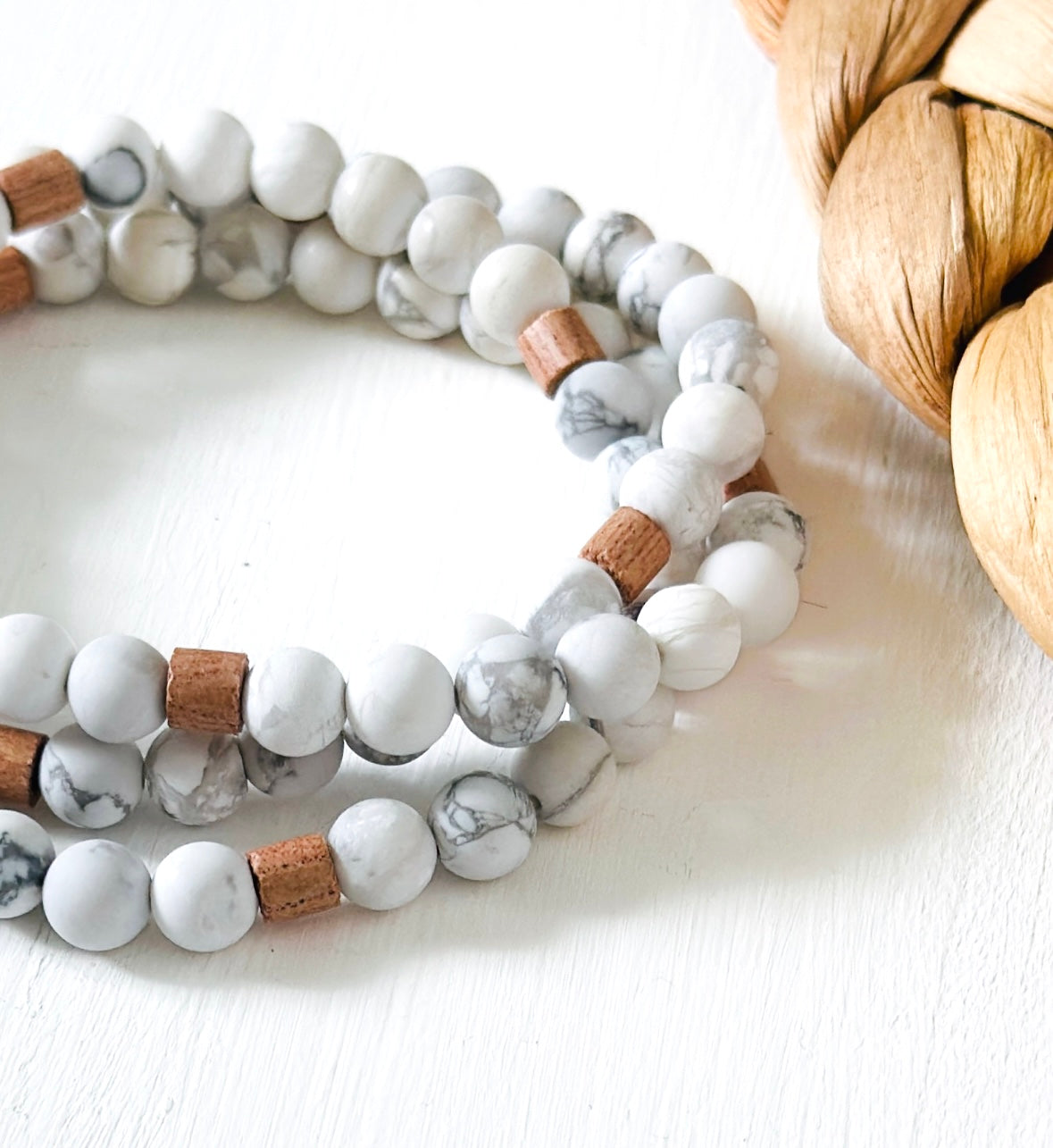 Matte Howlite gemstone wrap bracelet paired with Rosewood Rondelle beads for calming stress