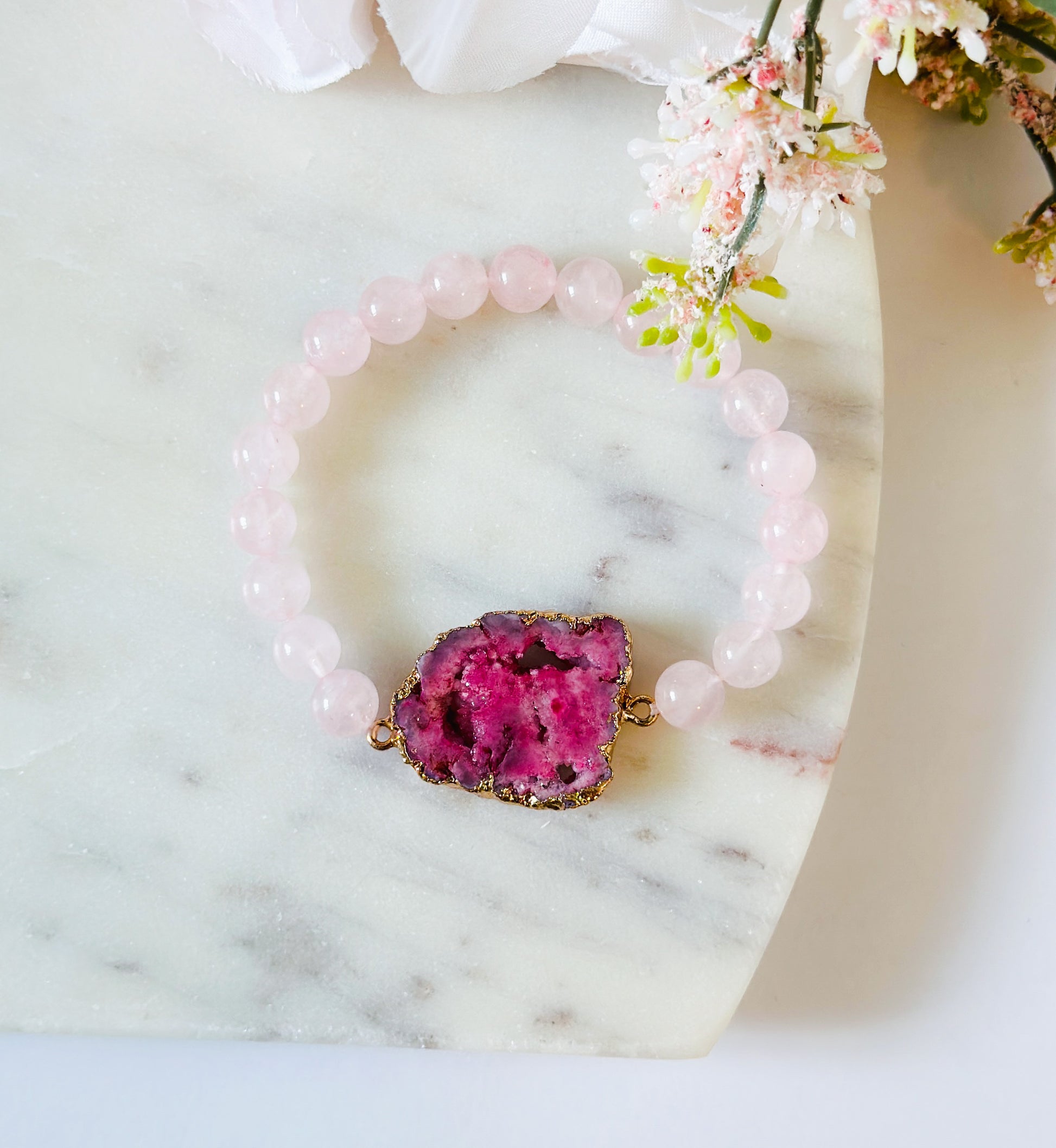  pink Druzy Agate gemstone connector bracelet with Rose Quartz gemstones