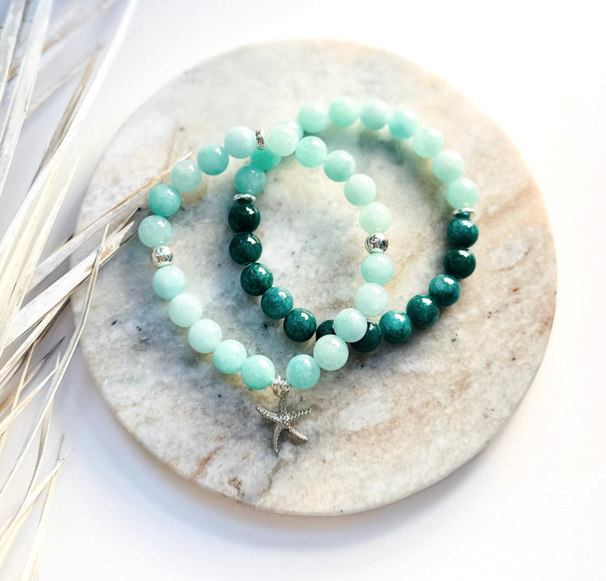Teal Jade gemstone bracelets with silver starfish charm
