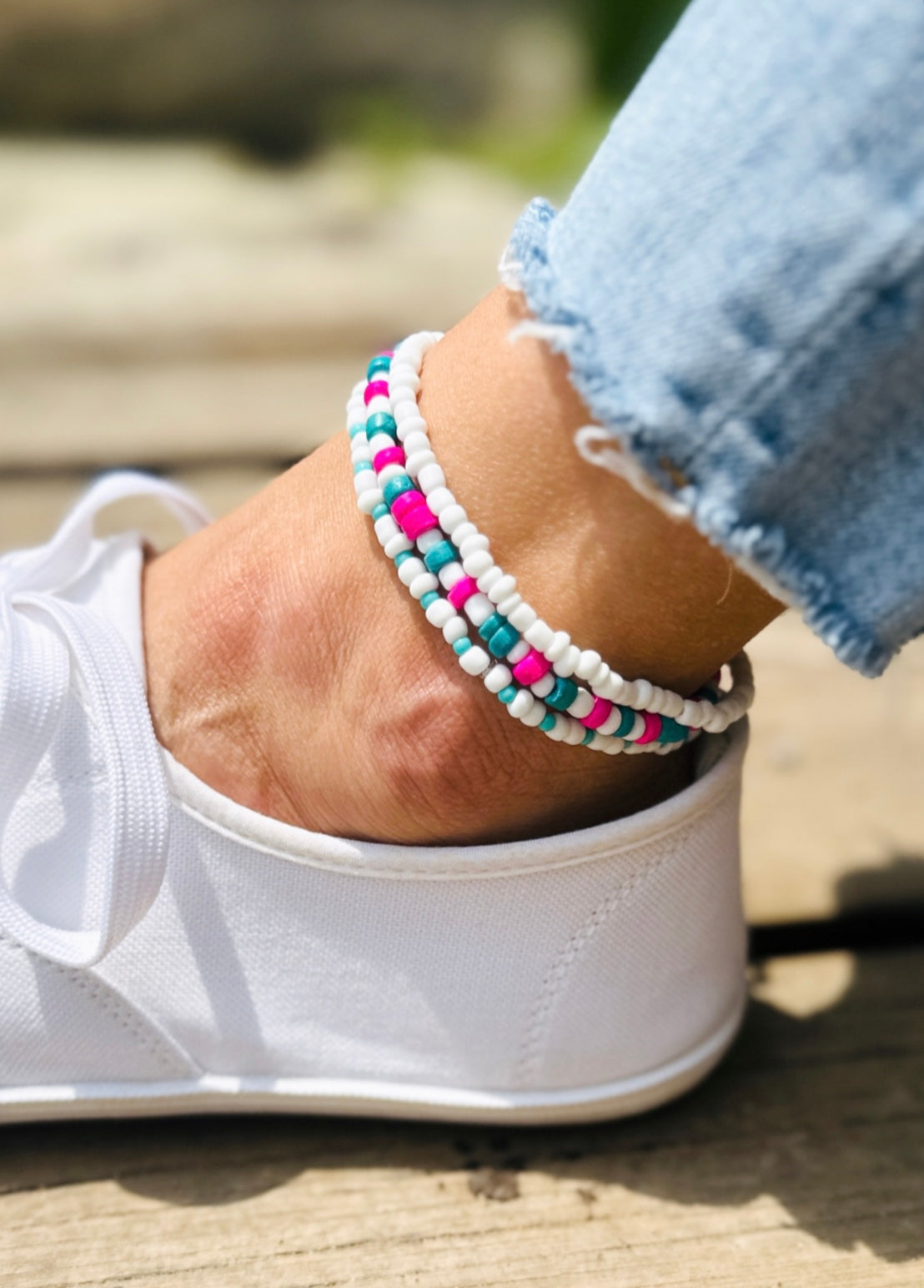 white Seed bead and Coconut shell trio anklet