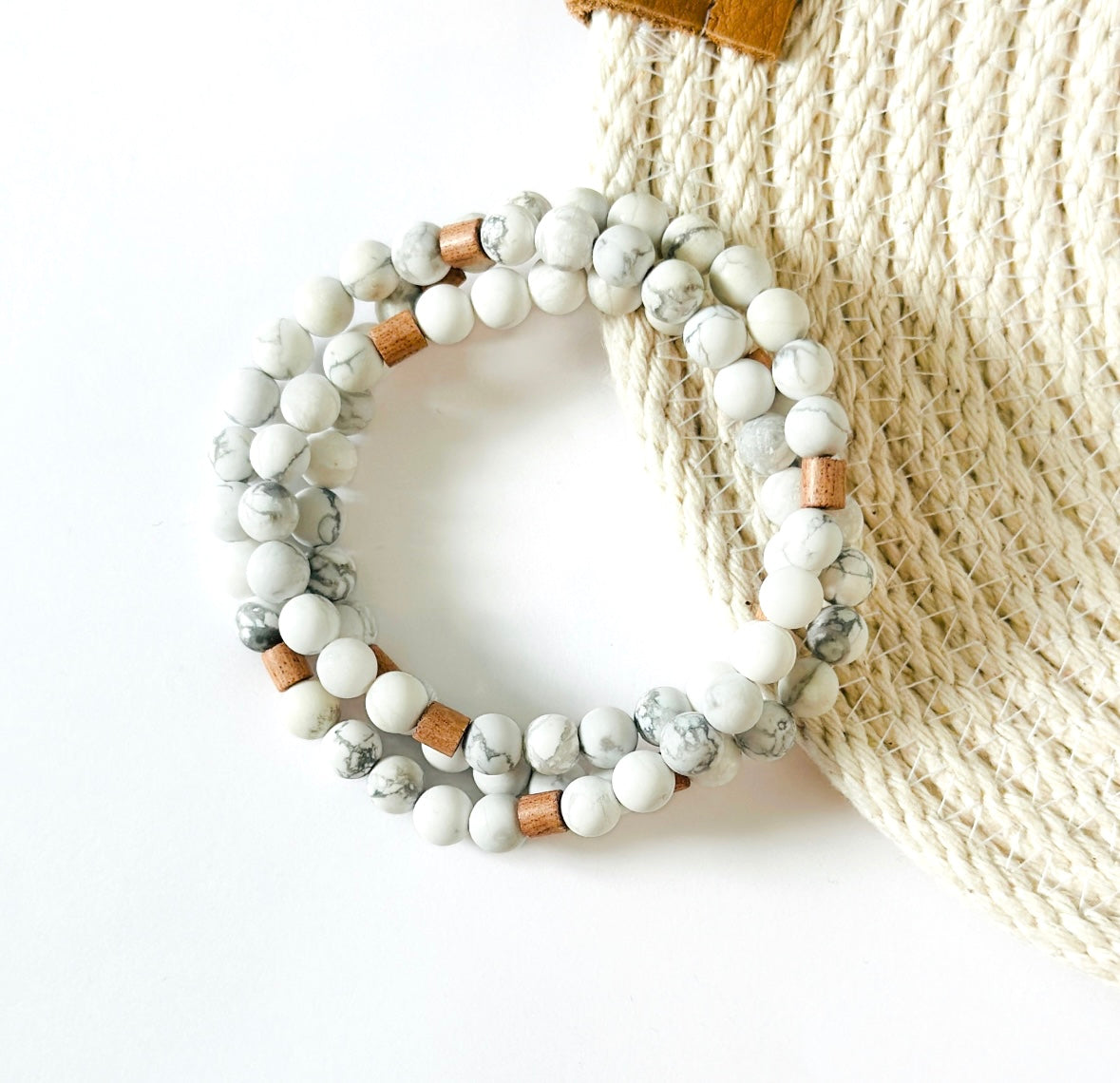 Matte Howlite gemstone wrap bracelet paired with Rosewood Rondelle beads for calming and soothing stress