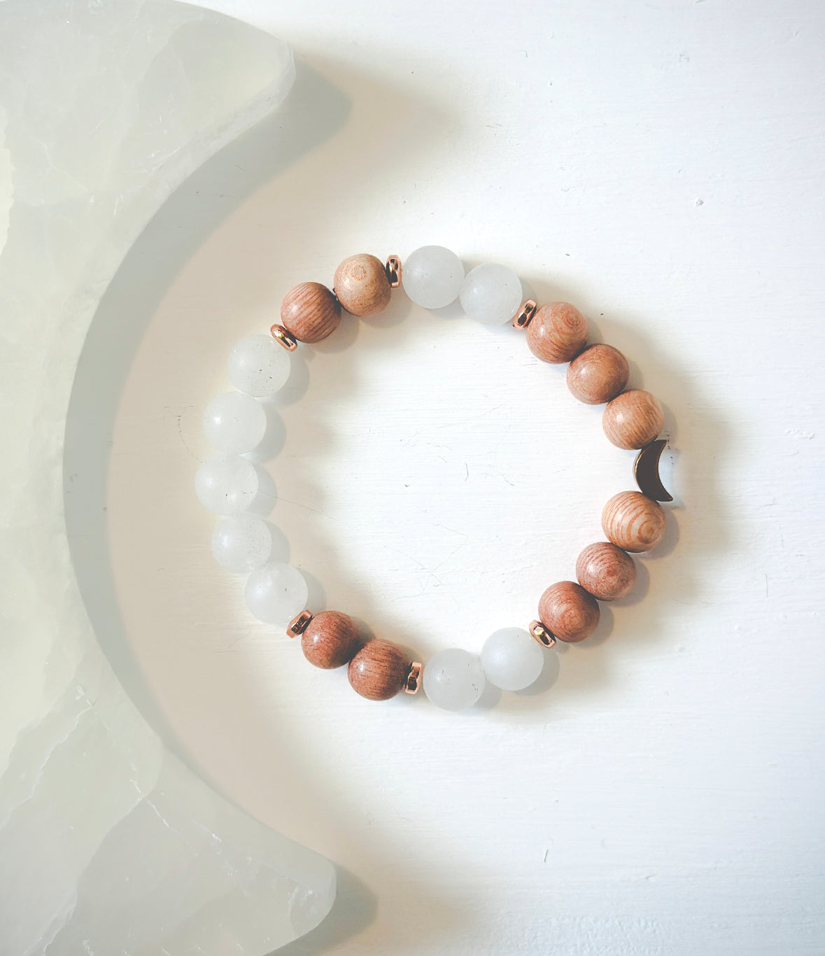 New intentions bracelet new moon moon bead frosted jade and rosewood