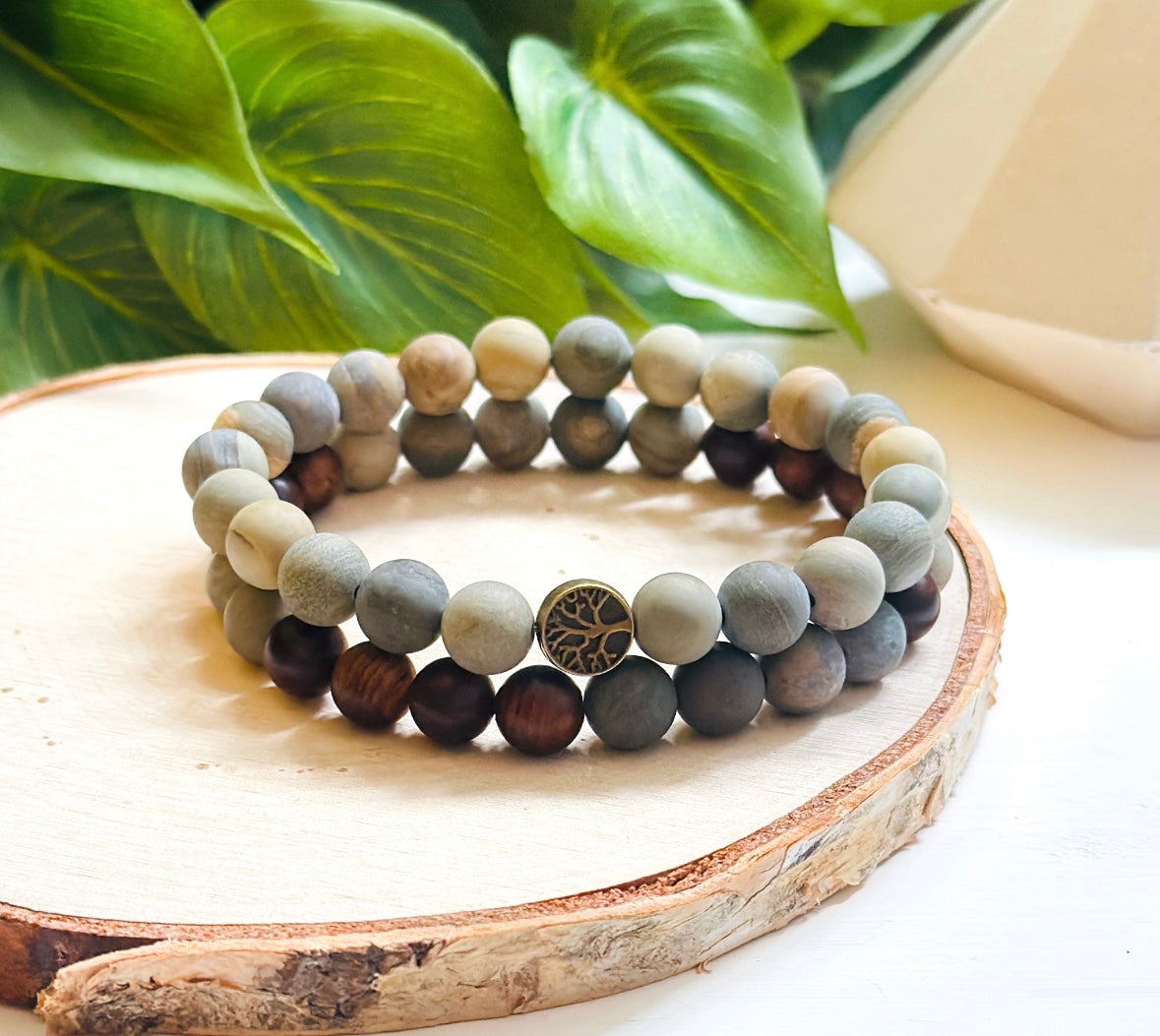 Unisex gemstone bracelet stacking set created with Silver Leaf Jasper, Sandalwood and a bronze tree of life bead