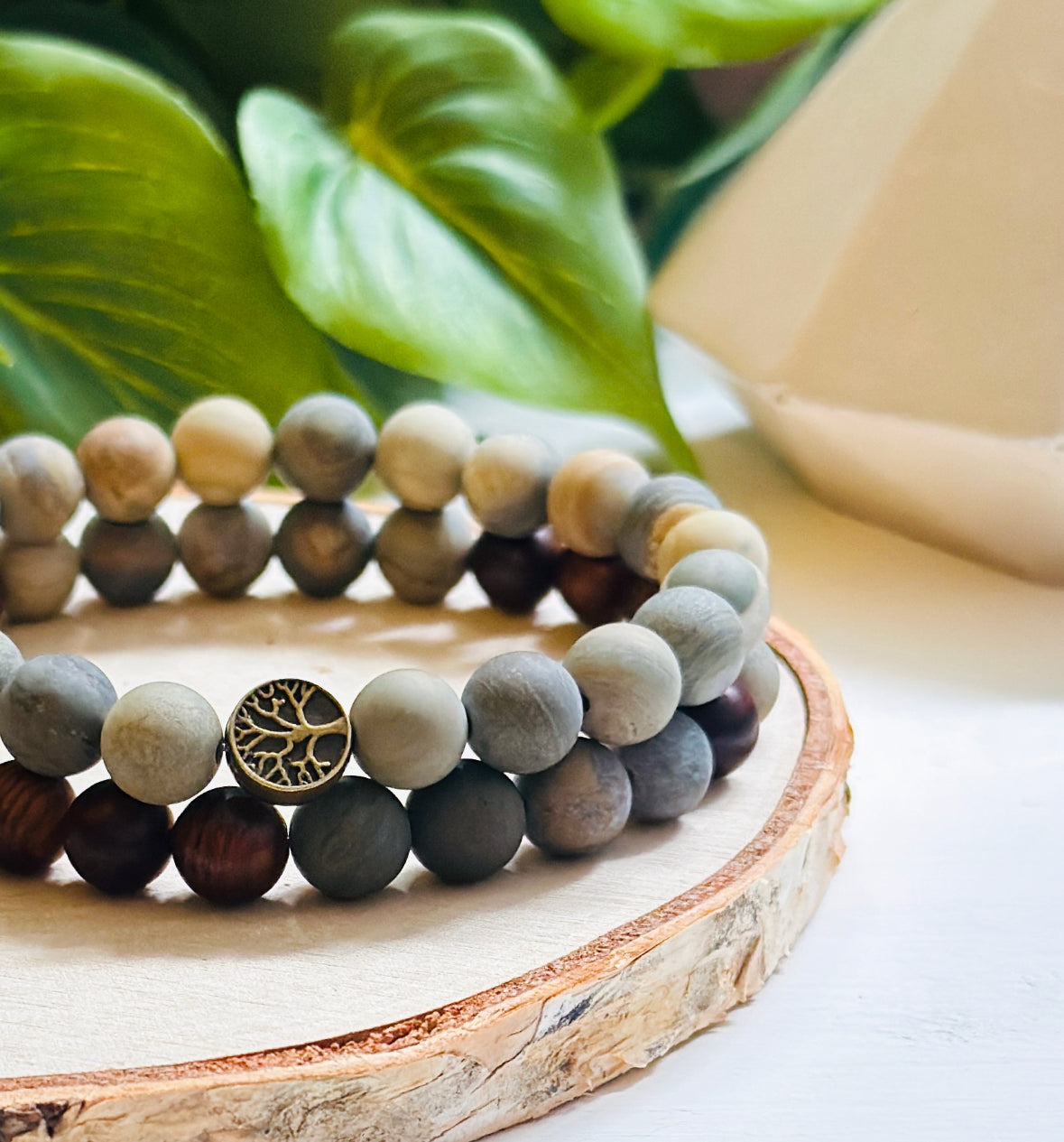 Mens gemstone bracelet stacking set created with Silver Leaf Jasper, Sandalwood and a bronze tree of life bead