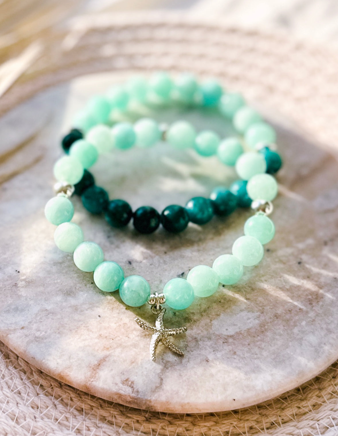 Teal Jade gemstone bracelets with silver starfish charm 