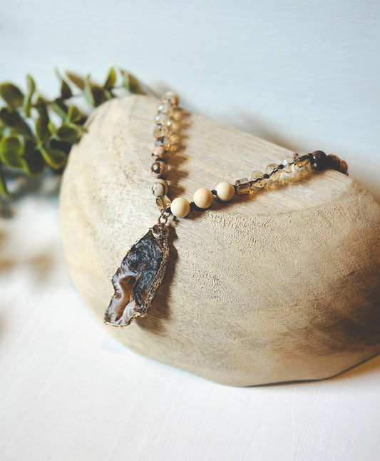 gemstone necklace with druzy agate geode pendant