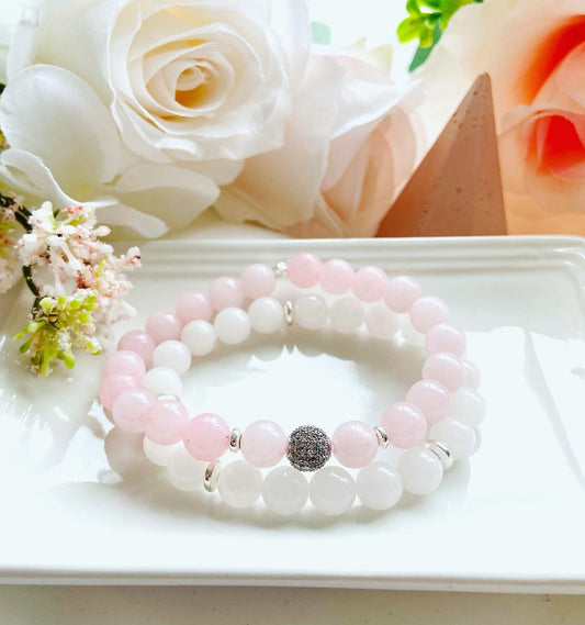 Stunning Rose Quartz & White Jade Stacking set.