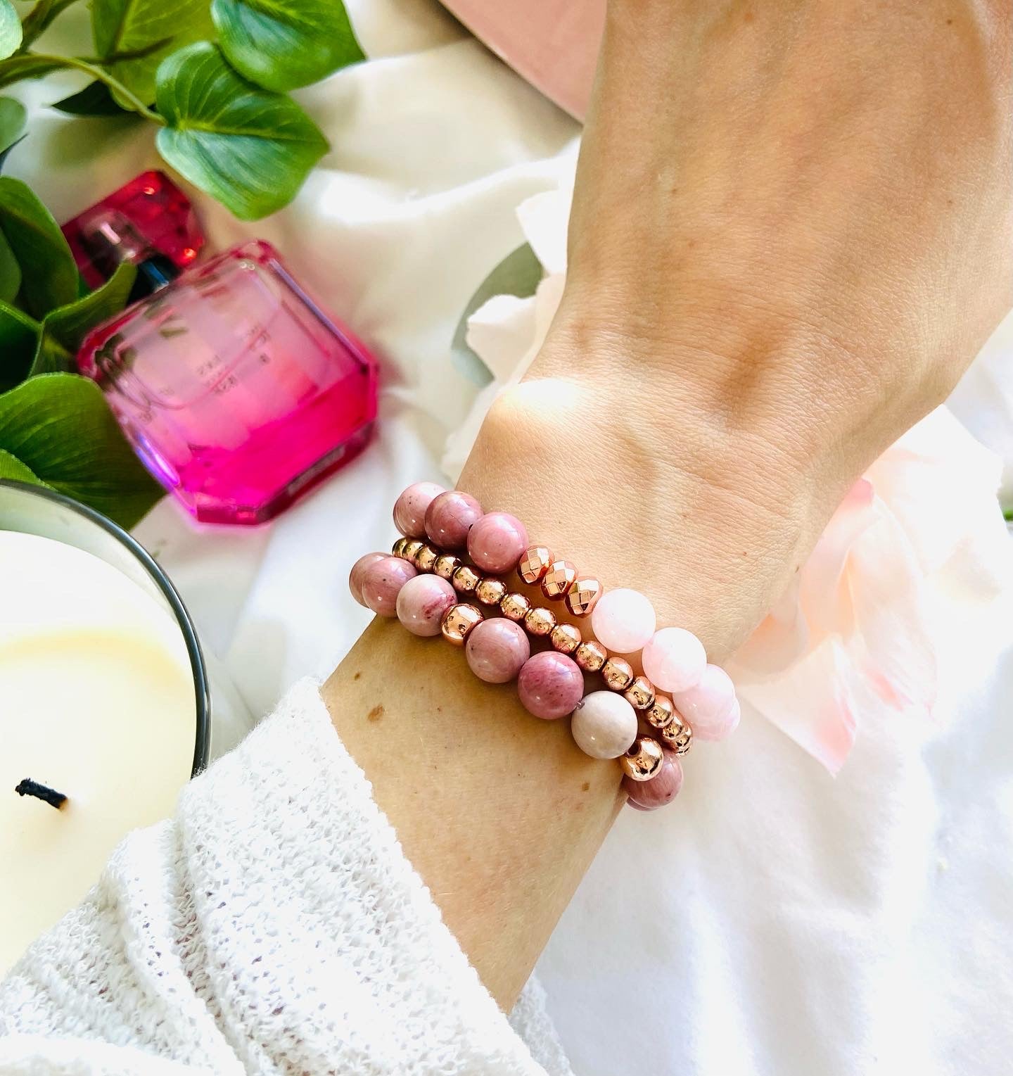 stacking pink gemstone bracelets